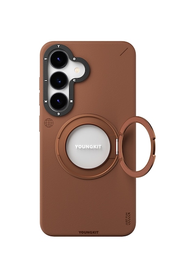 Galaxy S25 Kılıf Magsafe Uyumlu 360 Standlı Mat Deri Youngkit Tech Leather Kapak Kahverengi