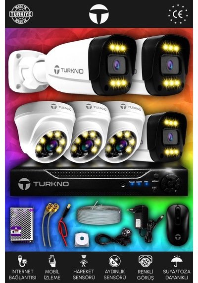 Turkno 6 Kameralı Ultia 3 İç Kamera Set HDD'siz 5 MP 2K Net Renkli Gece Görüşlü Güvenlik Kamerası Sistemi