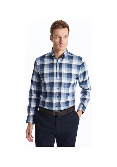 Lcwaıkıkı Classic İndigo Regular Fit Uzun Kollu Ekose Poplin Erkek Gömlek
