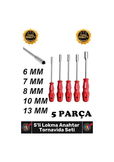 Lokmaanahtar Krom İçi Boş Şaftlı 6 7 8 10 13 Mm Metal Altıgen 5 Adet Lokma Anahtar Tornavida Seti