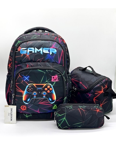 Gamer Desen Termal Beslenmelikli Ve Kalemlikli Suya Dayanıklı Kumaş Sırt İlkokul Çantası / 3900 Çok Renkli
