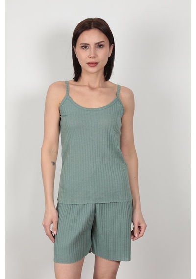 Giysa Çağla İp Askılı Şortlu Kaşkorse Kadın Pijama Takımı Pamuk Karışımlı Kumaş - 6015 Çağla