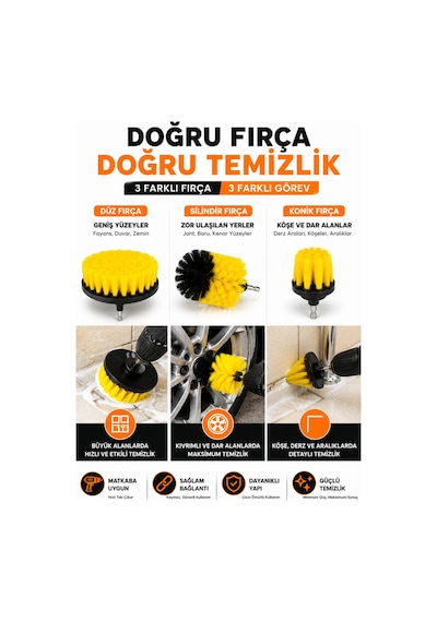3'lü Matkap Ucu Temizlik Fırça Seti Fayans, Derz, Banyo, Mutfak, Jant Ve Küvet Temizleme Aparatı