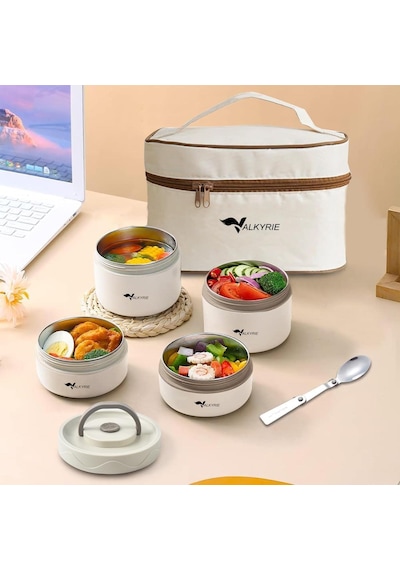 Valkyrie 4 Gözlü Paslanmaz Çelik Isı Yalıtımlı Yemek Kabı Seti Çantalı 304 Steel 2x 420ml + 2x 550ml Krem