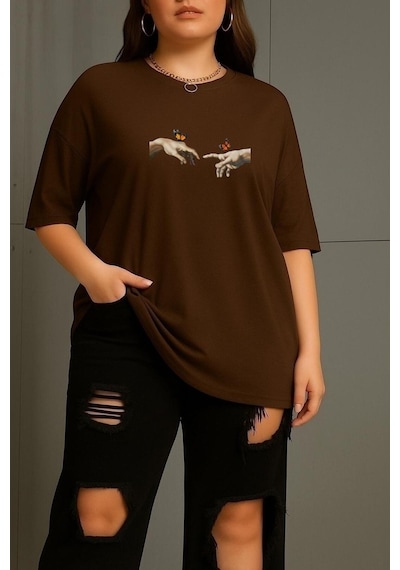 Büyük Beden Özgürlük Baskılı Unisex Tişört Kahverengi