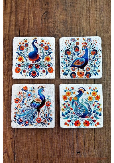 Doğal Taş Bardak Altlığı 4'lü Set 10x10x1 Cmrenkli Tavus Kuşları Baskılı-stone Coasters Çok Renkli