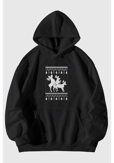 Unisex Yılbaşı Noel Baba Geyikleri Baskılı Kanguru Cepli Kapüşonlu Sweatshirt Sweat Siyah Siyah