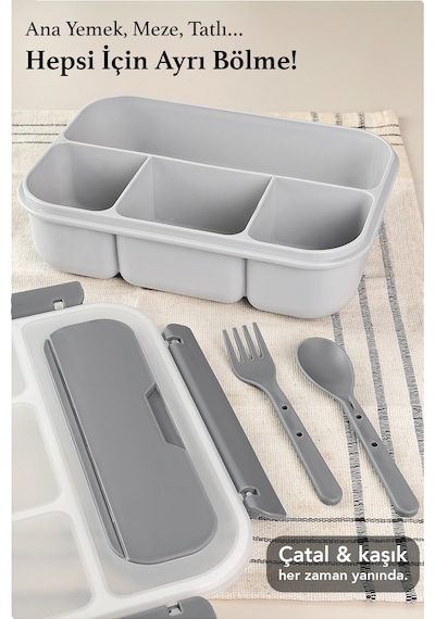 Sızdırmaz Contalı Yemek Kabı - 4 Bölmeli Çatal Kaşıklı Diyet Beslenme Kutusu Lunch Box Gri Gri
