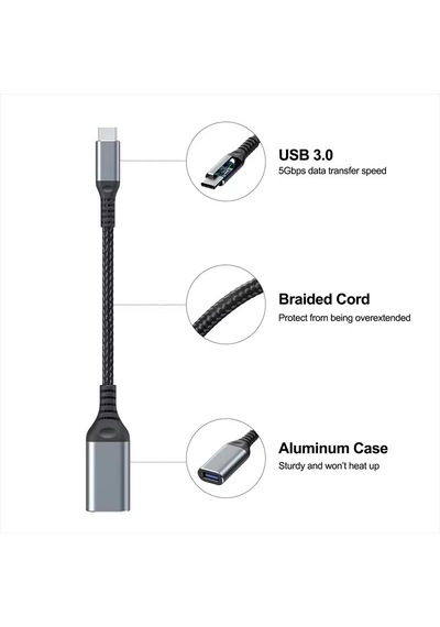 Ga90 Type-c To Usb 3.0 5gbps Hız Otg Adaptör Alüminyum Kasa Örgü Kablo İ-phone 15 Ve Üstü
