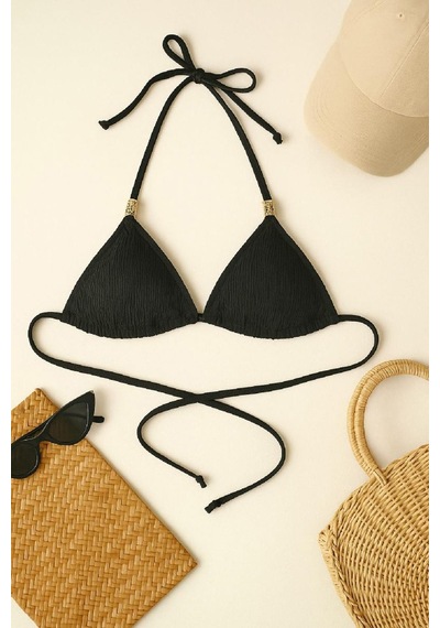 Najmaddin.com Beru Kadın Siyah Pedli Üçgen Bikini Üstü Halter Bağlamalı Aksesuarlı