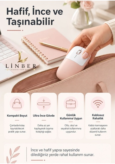 Şarjlı Kablosuz Pembe Mouse Bluetooth + 2.4g Çift Modlu Type-c Şarjlı Sessiz Tuşlu Ergonomik Optik 1200/1600 Dpı Taşınabilir Mouse Çok Renkli Diğer