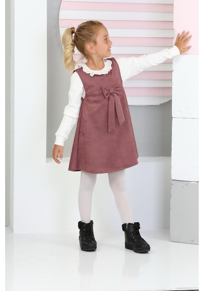 Kız Çocuk Süet Kumaş 2'li Elbise Elbise+bady Bluz 12177 Gülkurusu