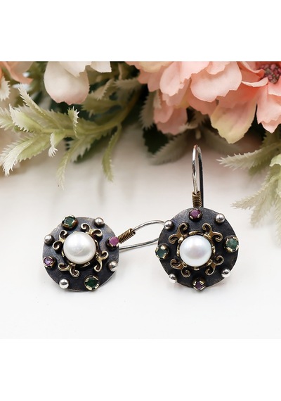 Yakut Ve Zümrüt Taşlı Otantik El Yapımı İncili Set Rose Gold - Gümüş