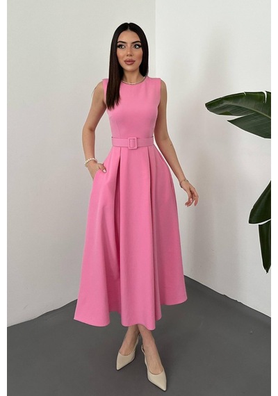 Duygudan Pembe Halter Yaka Kloş Elbise - Pembe Çok Renkli