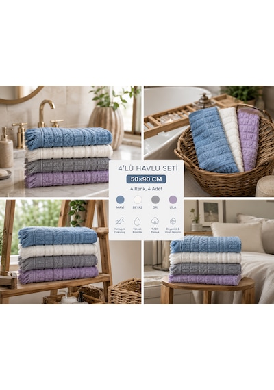 4'lü El Ve Yüz Havlusu Seti 50x90 Cm Pamuklu Yumuşak Dokulu Yüksek Su Emici Günlük Kullanım Premium Kalite Mavi
