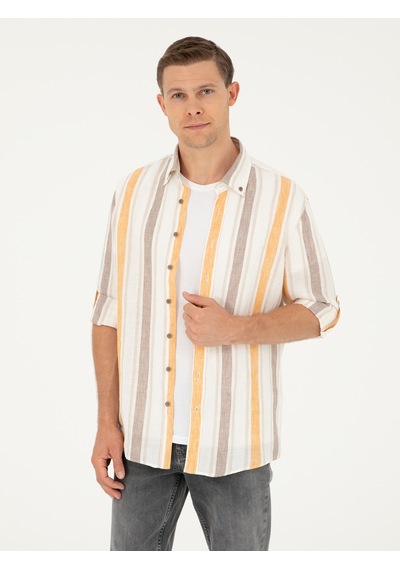 Cacharel Turuncu Slim Fit %100 Keten Gömlek