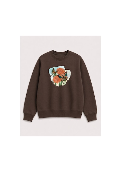 Herkesemoda Kelebek Ve Çiçek Baskılı 2 İplik Şardonlu Bisiklet Yaka Sweatshirt Kahverengi