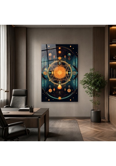 Turuncu Turkuaz Kozmik Geometri Çerçevesiz Cam Tablo