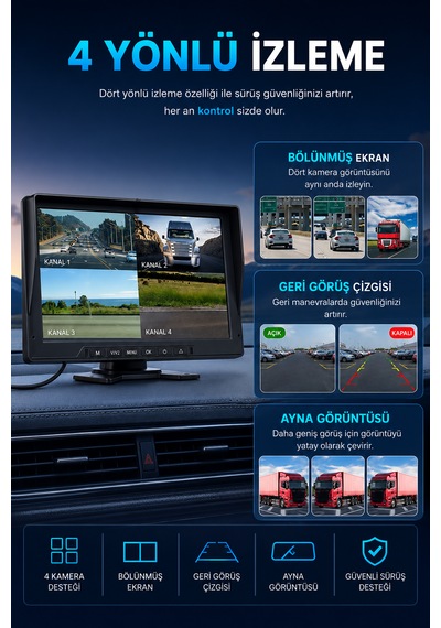 10'' Inç Monitörlü 4 Kameralı Tır Kamyon Otobüs Servis İçin Kablosuz Araç Seti