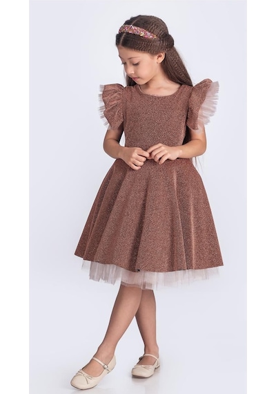 Mnk Baby & Kids Simli Şanzelize Kız Çocuk Abiye Elbise M00669 Kahverengi