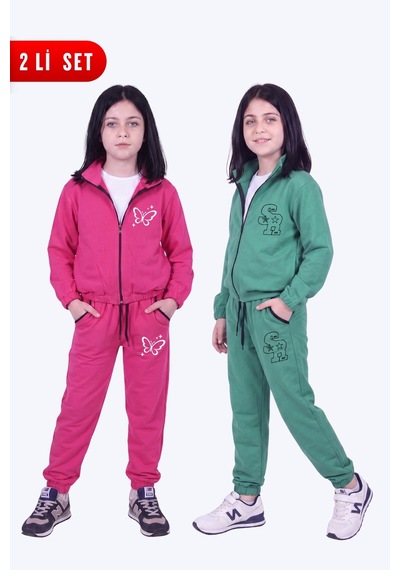 Fyk Kids Kız Çocuk 2'li Baskılı Dik Yaka Çift Cepli Fermuarlı Eşofman Takımı Fuşya-yeşil