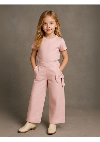 Zekids Kız Çocuk Fiyonk Detaylı Geniş Paça Pantolon-16153 Pudra