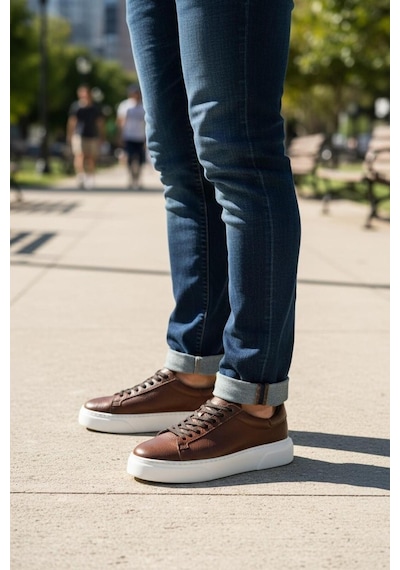 Erkek Deri Sneaker Ayakkabı Siyah-siyah Kahverengi
