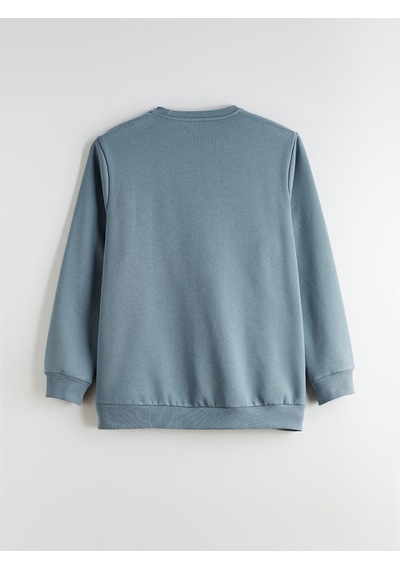 Lcwaıkıkı Classic İndigo Büyük Beden Bisiklet Yaka Baskılı Kalın Erkek Sweatshirt