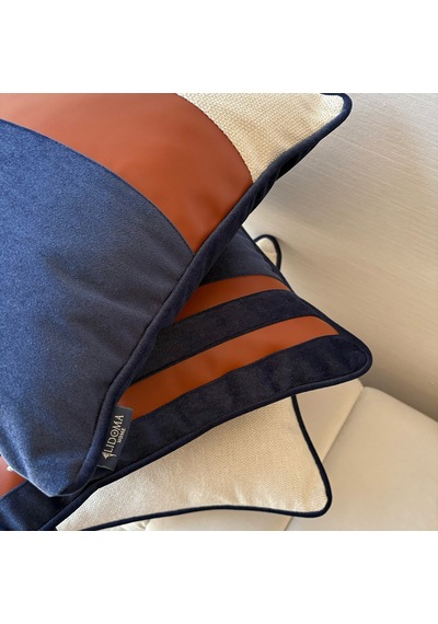 "navy Leather" Deri Şeritli Kırlent Kılıfı Seti Lacivert - Beyaz - Kahverengi