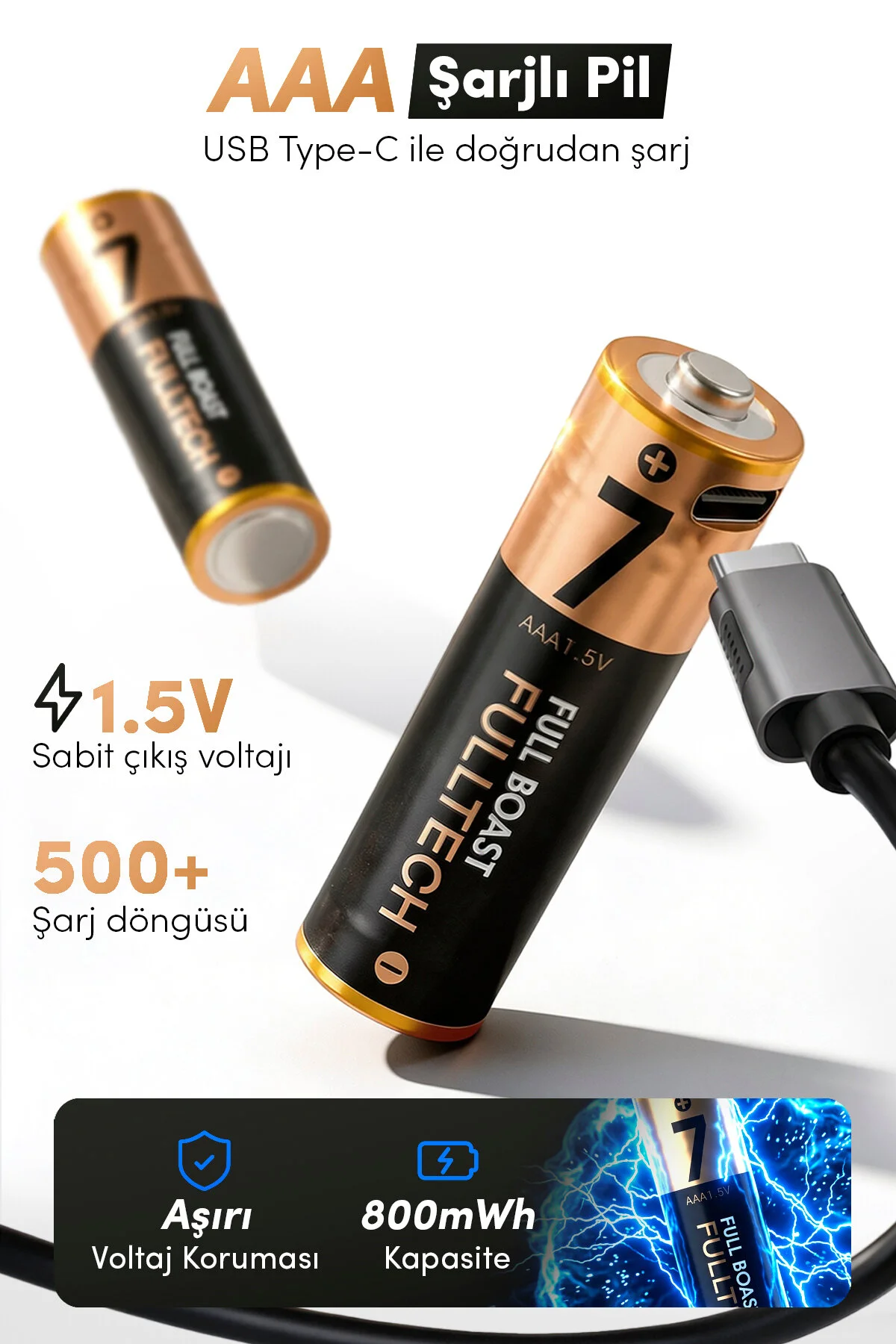 Fp29 Aaa Şarjlı Pil 2 Li Set 800mwh 1.5v Type-c Şarjlı Lityum Pil Uzun Ömürlü Hızlı Şarj Ed