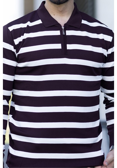Hk Premium Kazak Fermuarlı Polo Yaka Çizgili Triko Sweatshirt Bordo