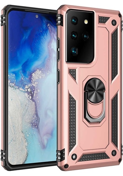 Samsung Galaxy Uyumlu S21 Ultra Kılıf Sert Silikon Yüzüklü Stand Özellikli Kapak