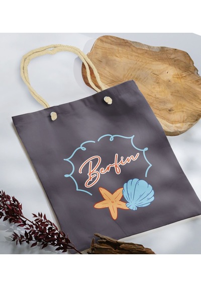 Bk Gift Kişiye Özel Yaz Temalı İsimli Antrasit Halat Saplı Kumaş Plaj Çantası -3, Baskılı Omuz Çantası, Alışveriş Çantası, Arkadaşa Hediye, Sevgiliye Gri