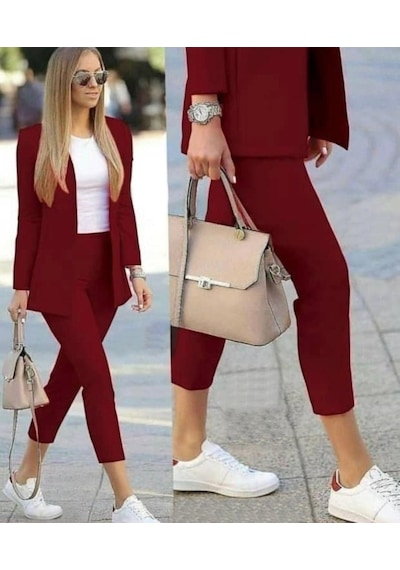Hazego Kadın Atlas Kumaş Ceket Pantolon Takım Bordo