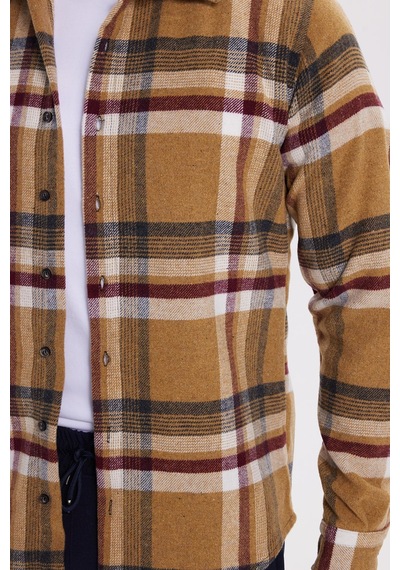 Tudors Erkek Slim Fit Dar Kesim Kareli Kışlık Oduncu Gömlek-42121 Bej