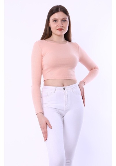 Rooted-kadın Uzun Kol Crop,kaşkorse Fitilli Kumaş % 95 Pamuk %5 Elastan Pembe