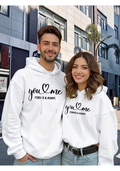 Nevermind Sevgili Çift Kombini Sevimli You Love & Always Kapüşonlu Sweatshi Beyaz