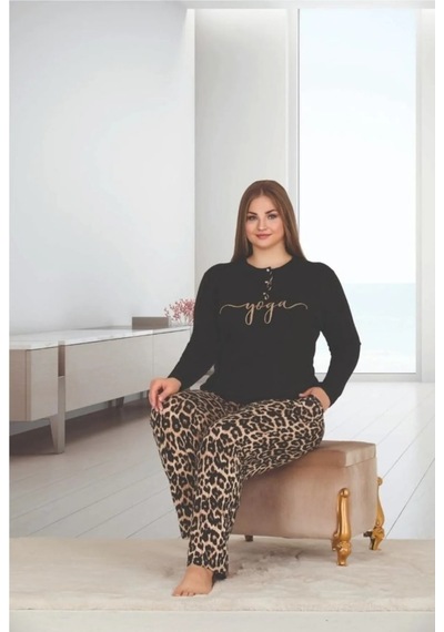 Eyfuze Kadın Siyah Büyük Beden Leopar Desenli Yakası Düğmeli Uzun Kollu Pijama Takımı Siyah Eyfuze Kadın Siyah Büyük Beden Leopar Desenli Yakası Düğmeli Uzun Kollu Pijama Takımı Siyah