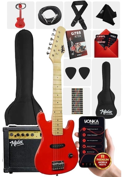 Midex Ceg-30rd 4-6 Yaş Çocuklar İçin Amfili Full 1/4 30 İnç Elektro Gitar Seti Red