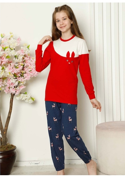 Alimer EDY5163UK-K Kız Çocuk Bisiklet Yaka Uzun Kol Pijama Takım Kırmızı