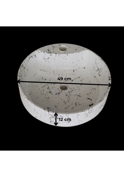 Mermer Desenli Tezgah Üstü Yuvarlak Çanak Taş Lavabo 45 Cm Musluk Delikli Beyaz