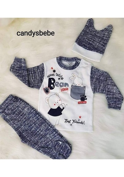 Candys Bebe Ayıcıklı Erkek İkili Takım Beyaz - Mavi