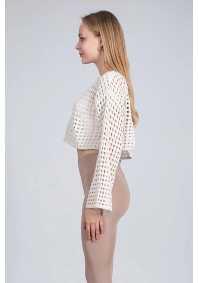 Maximodena Ekru Ajurlu Crop Bluz - Ekru