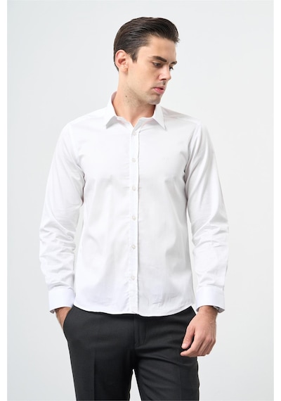 İmza Beyaz Uzun Kol Düz Bez Ayağı 032 Sert Yaka Classic Slim Fit Gömlek 1004245324 Beyaz