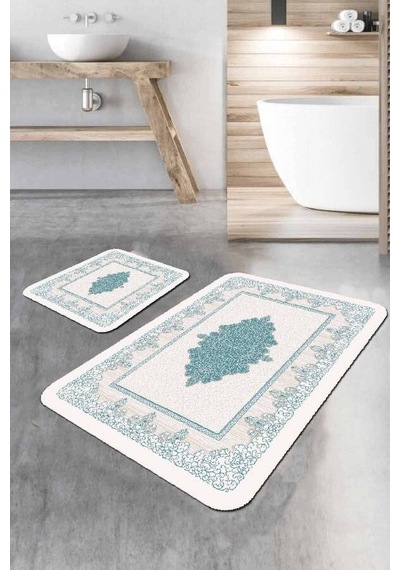 Turkuaz Modern Klasik Banyo Halısı Klozet Paspas Seti Bs283n11
