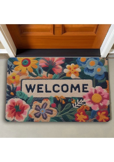 Valerine Life Çiçekler Ve Sarı Papatyalı Welcome Kapı Önü Paspası 45x70cm