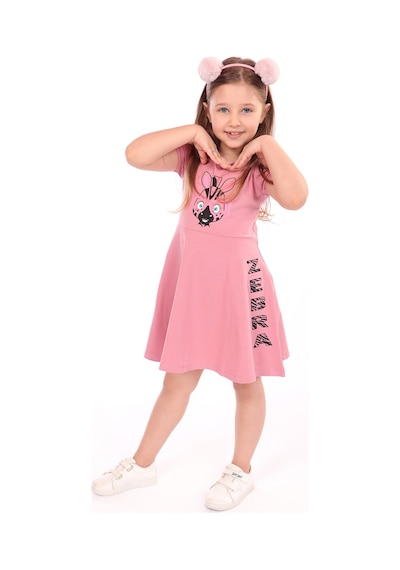 Toontoy Kız Çocuk Baskılı Elbise Gülkurusu