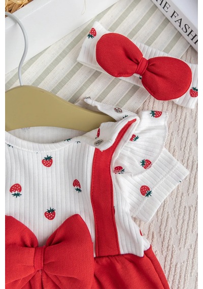 Babymod Pamuklu Kız Bebek Yazlık Tulum Takım Set Bandanalı Fiyonklu Kırmızı