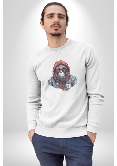 Kırmızı Gözlük Çeket Maymun Unisex Beyaz Baskılı Sweatshirt Beyaz