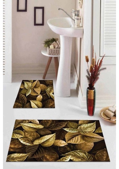 Gold Yaprak Desenli Banyo Halısı Klozet Paspas Seti Bs044n11